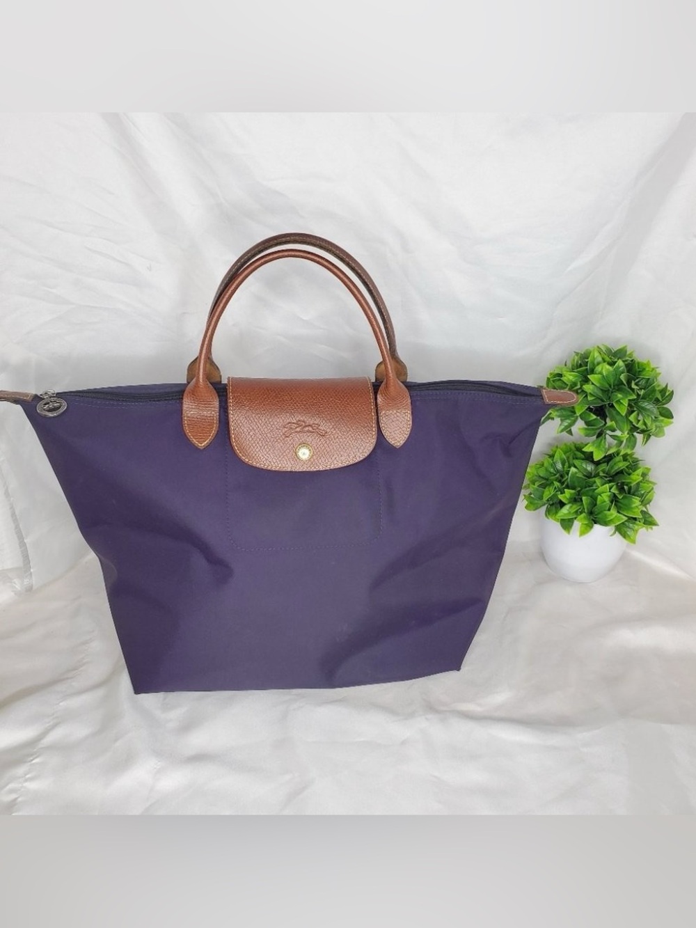 Longchamp Le Pliage Tote in Deep Purple Brown Leather Trim medium nylon